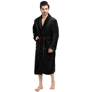 NY Threads Luxurious Men's Shawl Collar Fleece Bathrobe Long Spa Robe, Small-Medium, Black