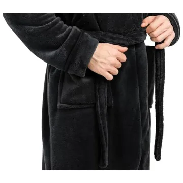 NY Threads Luxurious Men's Shawl Collar Fleece Bathrobe Long Spa Robe, Small-Medium, Black