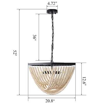 TOCHIC Wood Bead Chandelier, Boho Light Fixtures Ceiling Hanging Pendant, Coastal Decor Farmhouse Dining Room Lighting for Bedroom, Living Room, Entryway, Nursery, 20.8" Dia