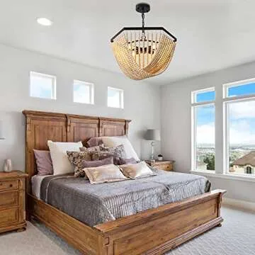 TOCHIC Wood Bead Chandelier, Boho Light Fixtures Ceiling Hanging Pendant, Coastal Decor Farmhouse Dining Room Lighting for Bedroom, Living Room, Entryway, Nursery, 20.8" Dia