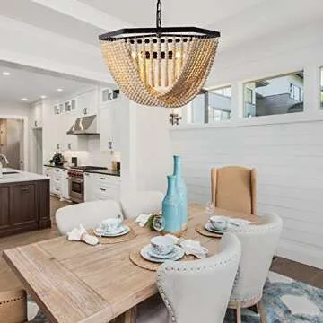 TOCHIC Wood Bead Chandelier, Boho Light Fixtures Ceiling Hanging Pendant, Coastal Decor Farmhouse Dining Room Lighting for Bedroom, Living Room, Entryway, Nursery, 20.8" Dia