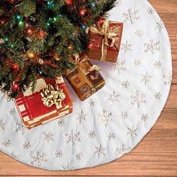 LOMOHOO Christmas Tree Skirt Large White&Gold Luxury Faux Fur with Snowflakes Tree Skirt Christmas Decorations Plush Tree Skirts Xmas Ornaments (Gold Snowflakes, 48 inches/122cm)