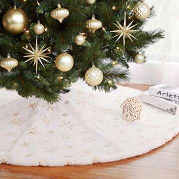 LOMOHOO Christmas Tree Skirt Large White&Gold Luxury Faux Fur with Snowflakes Tree Skirt Christmas Decorations Plush Tree Skirts Xmas Ornaments (Gold Snowflakes, 48 inches/122cm)