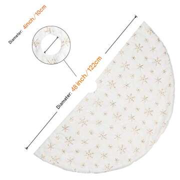 LOMOHOO Christmas Tree Skirt Large White&Gold Luxury Faux Fur with Snowflakes Tree Skirt Christmas Decorations Plush Tree Skirts Xmas Ornaments (Gold Snowflakes, 48 inches/122cm)