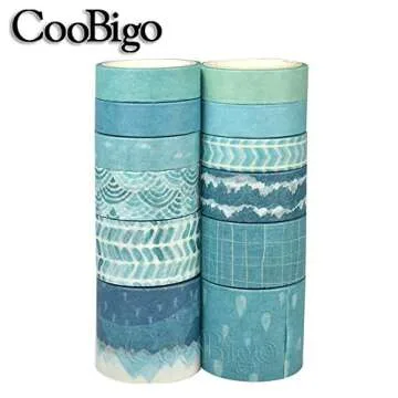 CooBigo Washi Tape Set, 12 Rolls 4 Size Decorative Masking Washi Tapes for Craft, Scrapbook, DIY, Planners, Gift Wrapping (Blue Track)