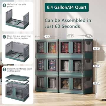 Sineda 8.4 Gallon Collapsible Storage Bins with Lids, 6 Pack - Stackable Storage Bins with Doors and Wheels, Plastic Storage Cabinet for Easy Storage and Organization, Green