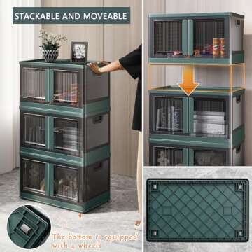 Sineda 8.4 Gallon Collapsible Storage Bins with Lids, 6 Pack - Stackable Storage Bins with Doors and Wheels, Plastic Storage Cabinet for Easy Storage and Organization, Green