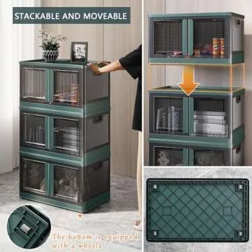 Sineda 8.4 Gallon Collapsible Storage Bins with Lids, 6 Pack - Stackable Storage Bins with Doors and Wheels, Plastic Storage Cabinet for Easy Storage and Organization, Green