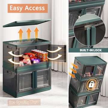 Sineda 8.4 Gallon Collapsible Storage Bins with Lids, 6 Pack - Stackable Storage Bins with Doors and Wheels, Plastic Storage Cabinet for Easy Storage and Organization, Green