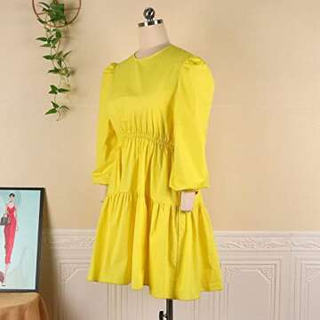 AOMEI Women's Crewneck Elastic High Waist Ruffles Hem A-Line Short Dress