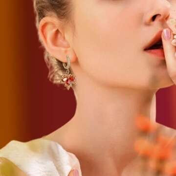 Sonateomber Orange Maple Leaf Dangle Drop Small Gold Hoop Huggie Earrings for Women, Cute Sparkly Cr...