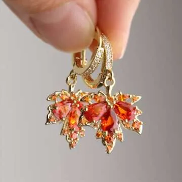 Sonateomber Orange Maple Leaf Dangle Drop Small Gold Hoop Huggie Earrings for Women, Cute Sparkly Crystal Cubic Zirconia Rhinestone Fall Autumn Holiday Accessories Jewelry Gift