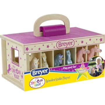 Breyer Horses Unicorn Magic Wooden Stable Playset with 6 Unicorns | 6 Piece | 6 Stablemates Unicorns Included | 6” H x 9” L x 2.5” D | 1:32 Scale | Model #59218, Multicolor
