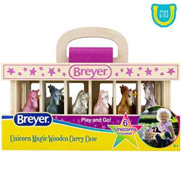 Breyer Horses Unicorn Magic Wooden Stable Playset with 6 Unicorns | 6 Piece | 6 Stablemates Unicorns Included | 6” H x 9” L x 2.5” D | 1:32 Scale | Model #59218, Multicolor