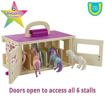Breyer Horses Unicorn Magic Wooden Stable Playset with 6 Unicorns | 6 Piece | 6 Stablemates Unicorns Included | 6” H x 9” L x 2.5” D | 1:32 Scale | Model #59218, Multicolor