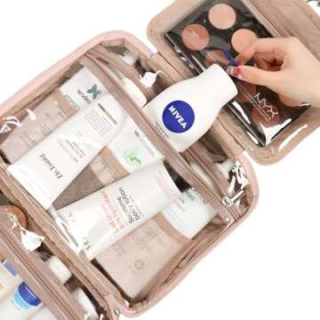 NISHEL Hanging Travel Toiletry Bag, Visible Makeup Organizer, Cosmetic Case for Journey Accessories, Bathroom Shower, Pink