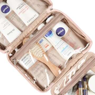 NISHEL Hanging Travel Toiletry Bag, Visible Makeup Organizer, Cosmetic Case for Journey Accessories, Bathroom Shower, Pink