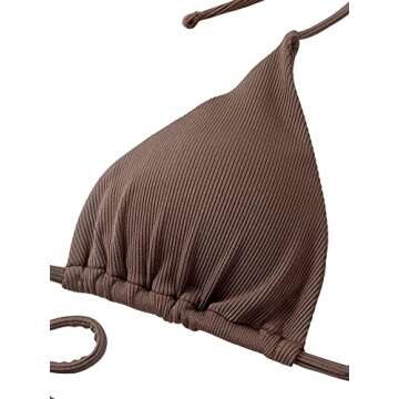 SOLY HUX Women's Metallic Halter Top Two Piece Swimsuit Tie Side Triangle Thong Bikini Bathing Swimwear Ribbed Knit Brown S