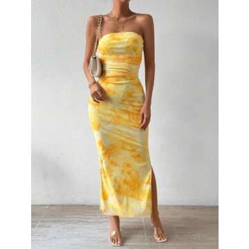 LIGHT DOT Women's Summer Dress Printed Strapless Tube Top Dress Bodycon Maxi Dress Side Slit Mesh Layered (Yellow,S)