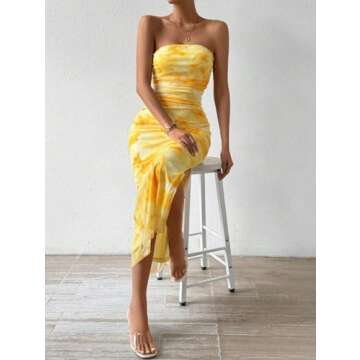 LIGHT DOT Women's Summer Dress Printed Strapless Tube Top Dress Bodycon Maxi Dress Side Slit Mesh Layered (Yellow,S)