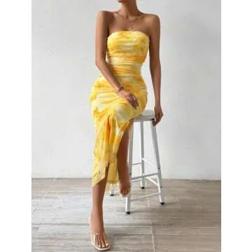 LIGHT DOT Women's Summer Dress Printed Strapless Tube Top Dress Bodycon Maxi Dress Side Slit Mesh Layered (Yellow,S)