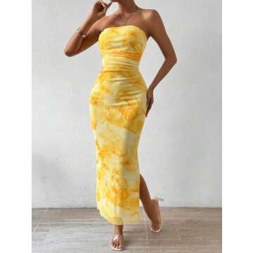 LIGHT DOT Women's Summer Dress Printed Strapless Tube Top Dress Bodycon Maxi Dress Side Slit Mesh Layered (Yellow,S)