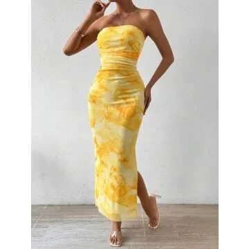LIGHT DOT Women's Summer Dress Printed Strapless Tube Top Dress Bodycon Maxi Dress Side Slit Mesh Layered (Yellow,S)