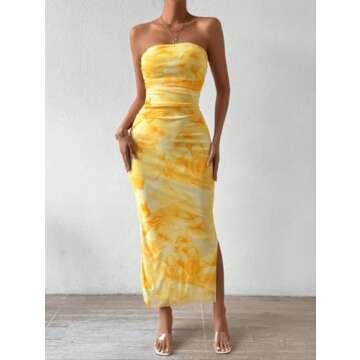 LIGHT DOT Women's Summer Dress Printed Strapless Tube Top Dress Bodycon Maxi Dress Side Slit Mesh Layered (Yellow,S)