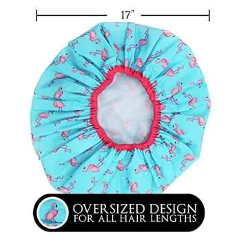 Reusable Shower Cap & Bath Cap & Lined, Oversized Waterproof Shower Caps Large Designed for all Hair Lengths with PEVA Lining & Elastic Band Stretch Hem Hair Hat - Fashionista Flamingo Party