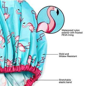Reusable Shower Cap & Bath Cap & Lined, Oversized Waterproof Shower Caps Large Designed for all Hair Lengths with PEVA Lining & Elastic Band Stretch Hem Hair Hat - Fashionista Flamingo Party