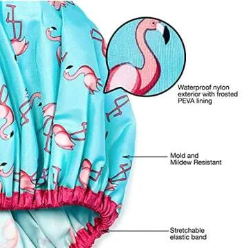 Reusable Shower Cap & Bath Cap & Lined, Oversized Waterproof Shower Caps Large Designed for all Hair Lengths with PEVA Lining & Elastic Band Stretch Hem Hair Hat - Fashionista Flamingo Party