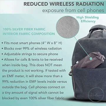 Halsa EMF Cell Phone Pouch 4x8 Inch - One Size Fits All Phones - 100% Silver Fiber for Digital Security, Signal Blocking, EMF Protection, Data Privacy. Fits in Pocket or Purse. Drawstring Closure