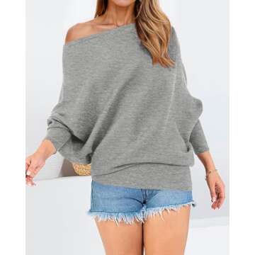 Zenlonr Women's Fall Sweaters 2025 Casual Long Batwing Sleeve Loose Off Shoulder Knit Pullovers Jumper Tops(Solid Grey,Large)