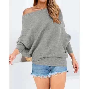 Zenlonr Women's Fall Sweaters 2025 Casual Long Batwing Sleeve Loose Off Shoulder Knit Pullovers Jumper Tops(Solid Grey,Large)