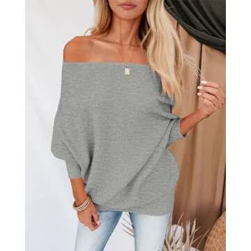 Zenlonr Women's Fall Sweaters 2025 Casual Long Batwing Sleeve Loose Off Shoulder Knit Pullovers Jumper Tops(Solid Grey,Large)