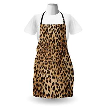 Ambesonne Leopard Print Apron, Skin Pattern of a Wild Savannah Animal Powerful Panther Big Cat, Unisex Kitchen Bib with Adjustable Neck for Cooking Gardening, Adult Size, Pale Brown Black