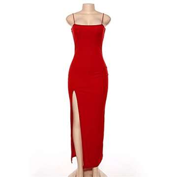 PRIMODA Women's Spaghetti Strap Backless Thigh-high Slit Bodycon Maxi Long Dress Club Party Dress(Red S)