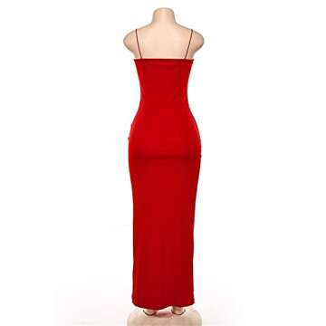 PRIMODA Women's Spaghetti Strap Backless Thigh-high Slit Bodycon Maxi Long Dress Club Party Dress(Red S)