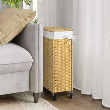 53L Slim Handwoven Rattan Laundry Hamper with Lid and Wheels