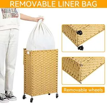 53L Slim Handwoven Rattan Laundry Hamper with Lid and Wheels