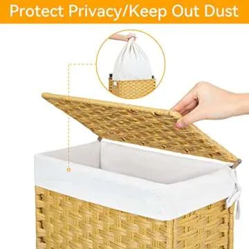 53L Slim Handwoven Rattan Laundry Hamper with Lid and Wheels