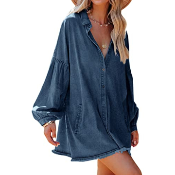loveimgs Women's Oversized Distressed Denim Button Down Tunic Shirt Dress with Pockets (X-Small,Dark...