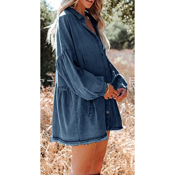 loveimgs Women's Oversized Distressed Denim Button Down Tunic Shirt Dress with Pockets (X-Small,Dark Blue)