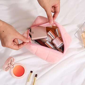 LYDZTION Plush Makeup Bag Cosmetic Bag for Women,Zipper Large Solid Color Travel Toiletry Bag Travel Make Up Toiletry Bag Washing Pouch,Pink