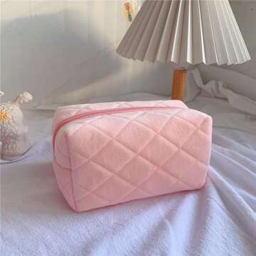 LYDZTION Plush Makeup Bag Cosmetic Bag for Women,Zipper Large Solid Color Travel Toiletry Bag Travel Make Up Toiletry Bag Washing Pouch,Pink