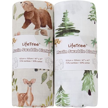 LifeTree Muslin Swaddle Blankets Neutral, Woodland Baby Swaddling Wrap Nursery Receiving Blanket for...