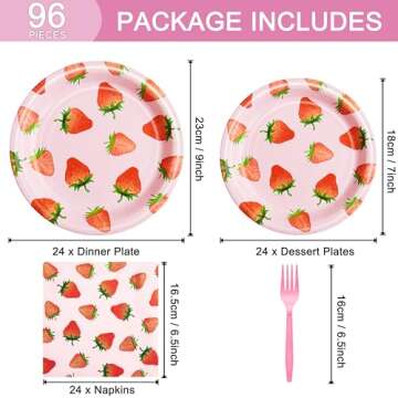 96 Pcs Strawberry Birthday Party Plates Napkins Forks Supplies Summer Fruit Tableware Set Disposable...