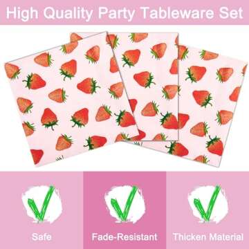 96 Pcs Strawberry Birthday Party Plates Napkins Forks Supplies Summer Fruit Tableware Set Disposable Strawberry Theme Decoration for Girls, Serves 24 Guests