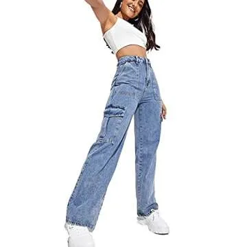 SweatyRocks Women's High Waist Cargo Jeans Flap Pocket Wide Leg Denim Pants Blue XS