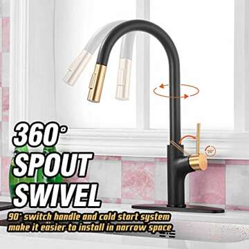Achelous Black and Gold Kitchen Faucet with Pull Down Magnetic Docking Sprayer,Stainless Steel Pull ...